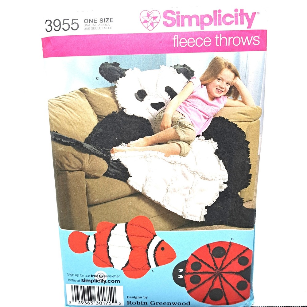 Simplicity‎ 3955 Fleece Throws Pattern Panda Fish Ladybug Vintage Uncut